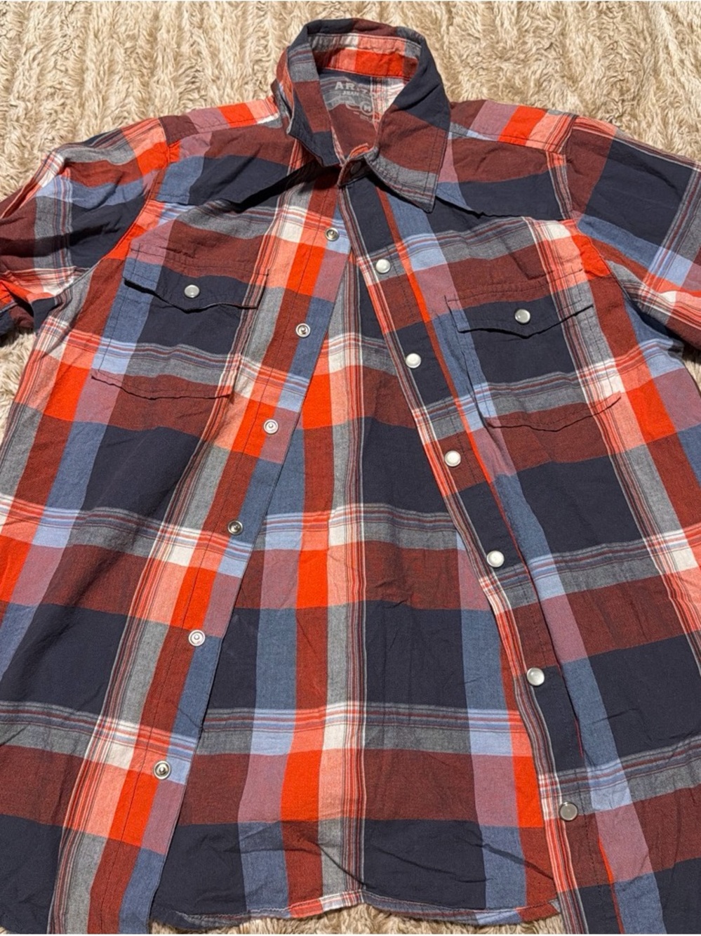 Men's Red & Navy Plaid Button-Down Shirt